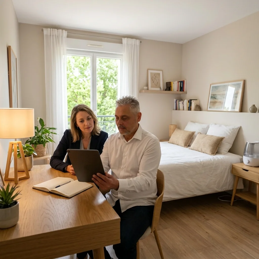 Portrait de Stéphane Derguini, Consultant Habitat Santé, effectuant un diagnostic CEM auprès d'une cliente dans une chambre sereine